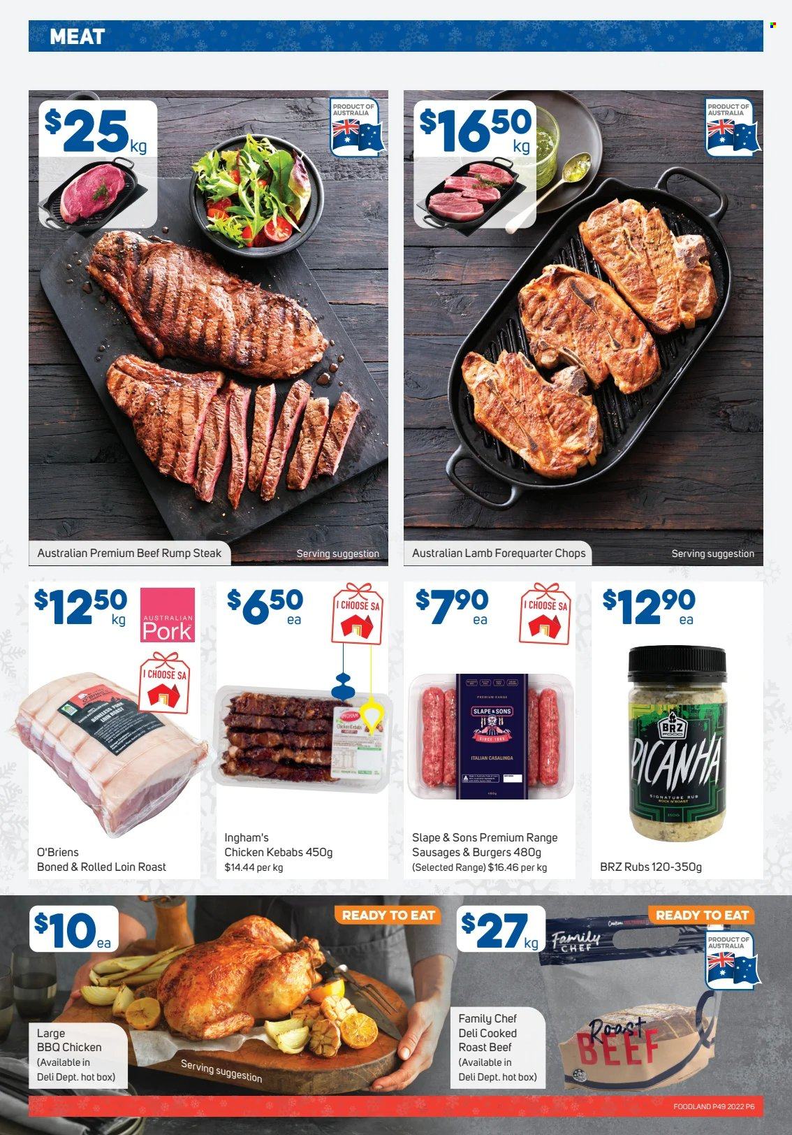 thumbnail - Foodland Catalogue - 7 Dec 2022 - 13 Dec 2022 - Sales products - hamburger, chicken kabobs, sausage, beef meat, steak, rump steak, roast beef, cap of rump. Page 6.