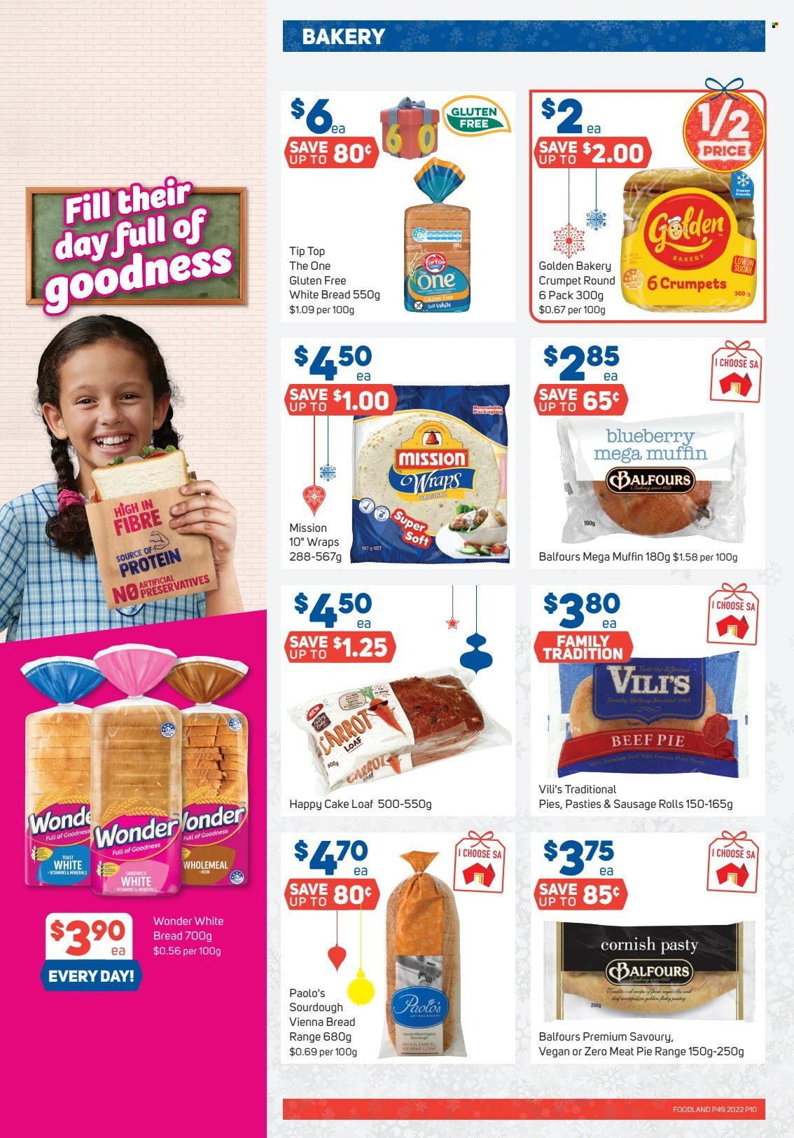 thumbnail - Foodland Catalogue - 7 Dec 2022 - 13 Dec 2022 - Sales products - bread, sausage rolls, white bread, Tip Top, pie, cake, crumpets, wraps, muffin, sandwich, Ron Pelicano. Page 10.
