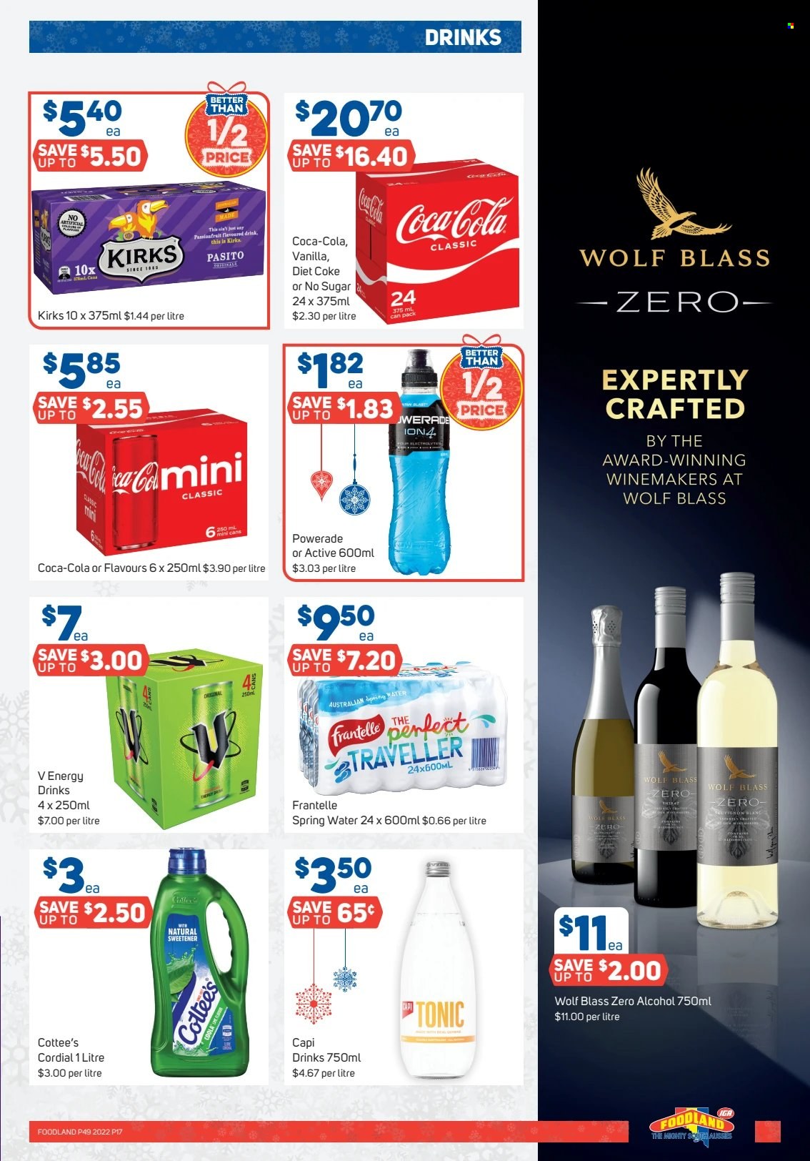 thumbnail - Foodland Catalogue - 7 Dec 2022 - 13 Dec 2022 - Sales products - mayonnaise, sweetener, Coca-Cola, Powerade, energy drink, tonic, Diet Coke, spring water, alcohol. Page 17.