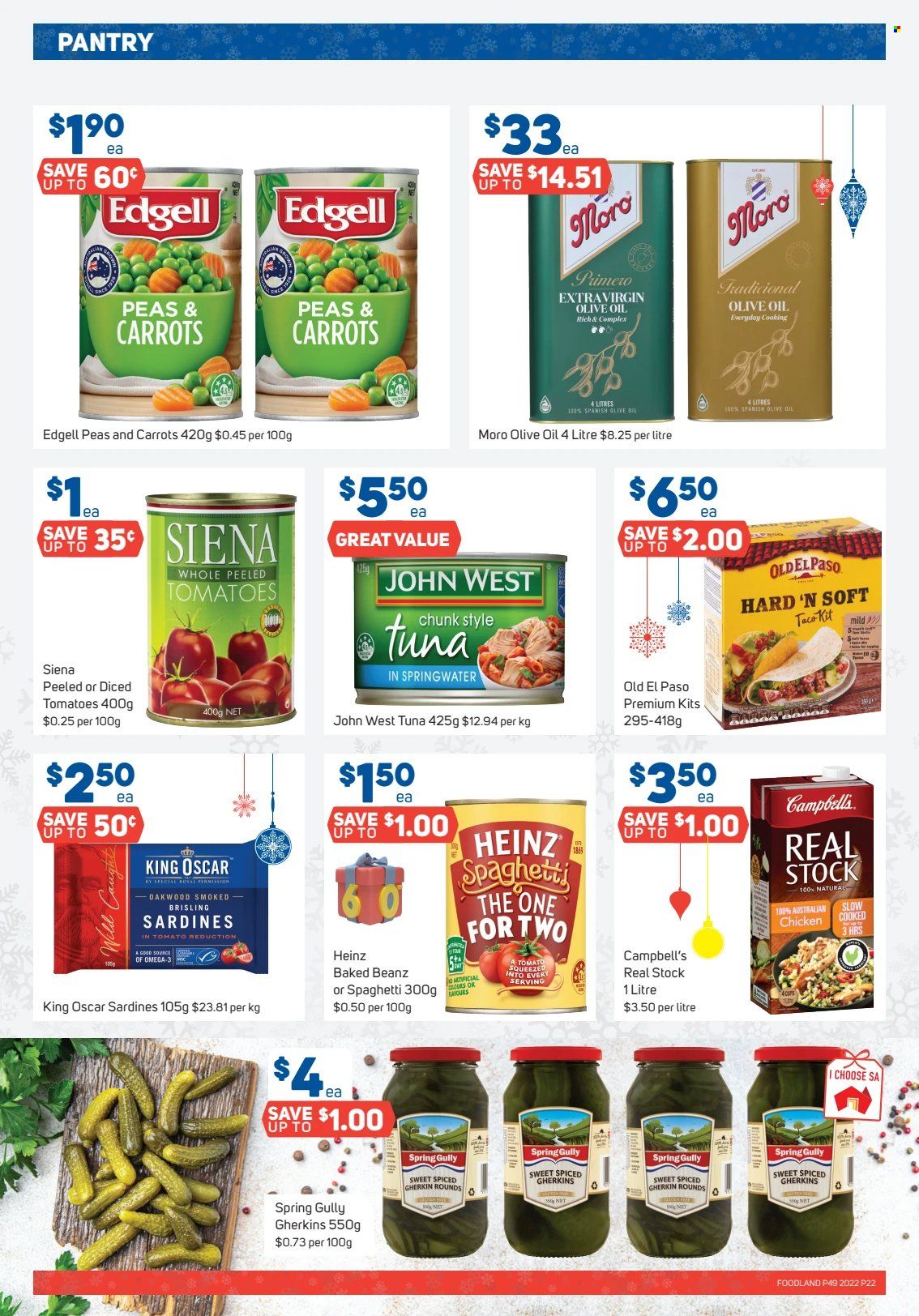 thumbnail - Foodland Catalogue - 7 Dec 2022 - 13 Dec 2022 - Sales products - Old El Paso, carrots, tomatoes, sardines, tuna, Campbell's, Heinz, diced tomatoes, olive oil, oil. Page 22.