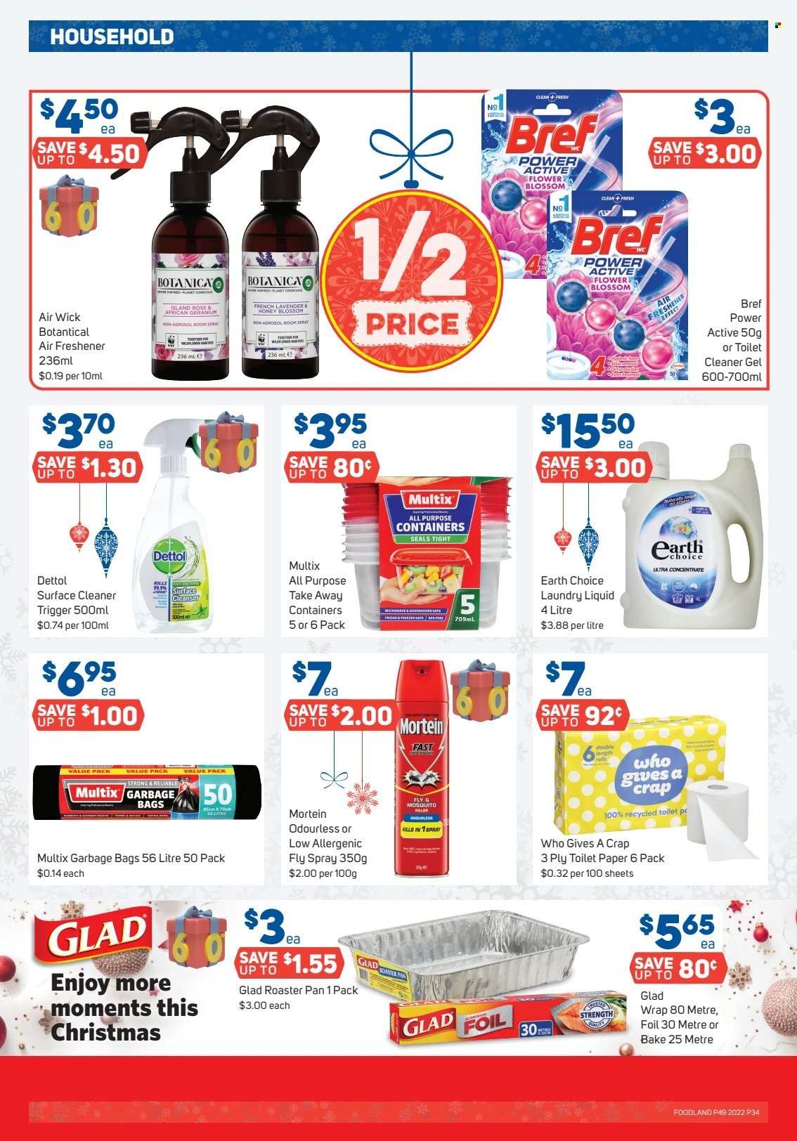 thumbnail - Foodland Catalogue - 7 Dec 2022 - 13 Dec 2022 - Sales products - Blossom, honey, Dettol, toilet paper, surface cleaner, cleaner, toilet cleaner, Bref Power, Mortein, laundry detergent, cleanser, bag, Moments. Page 34.