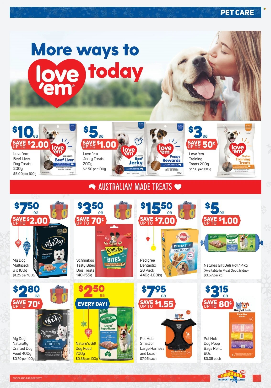 thumbnail - Foodland Catalogue - 7 Dec 2022 - 13 Dec 2022 - Sales products - beef jerky, jerky, cheese, beef liver, beef meat, bag, animal food, dog harness, dog food, Dentastix, Pedigree, Schmackos. Page 37.