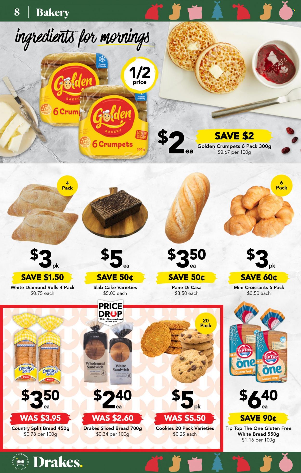 thumbnail - Drakes Catalogue - 7 Dec 2022 - 13 Dec 2022 - Sales products - white bread, Tip Top, cake, croissant, crumpets, sandwich, cookies. Page 8.