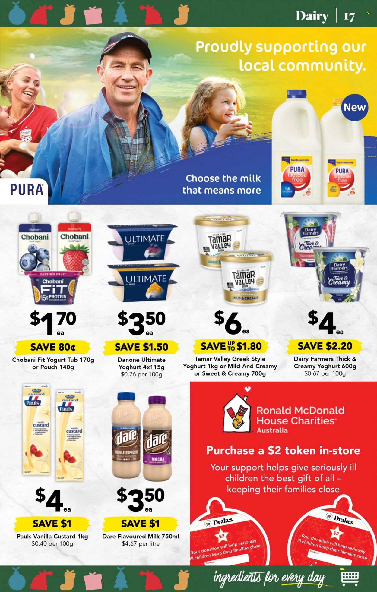 thumbnail - Drakes Catalogue - 7 Dec 2022 - 13 Dec 2022 - Sales products - custard, yoghurt, Danone, Chobani, milk, flavoured milk, straw. Page 17.