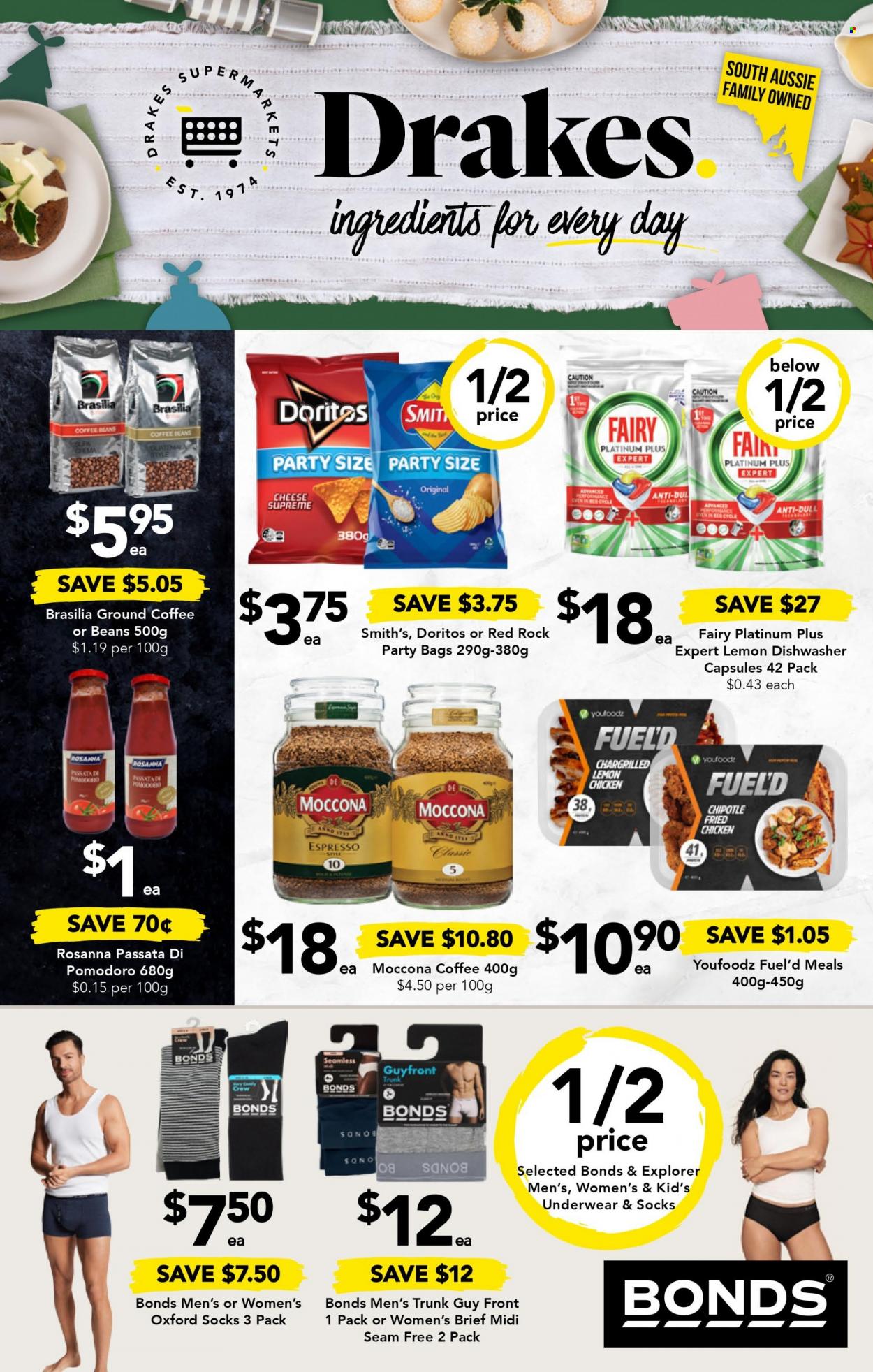 thumbnail - Drakes Catalogue - 7 Dec 2022 - 13 Dec 2022 - Sales products - hamburger, fried chicken, cheese, Doritos, Smith's, coffee beans, ground coffee, Moccona, Fairy, Aussie, bag, Bonds, socks, underwear. Page 38.