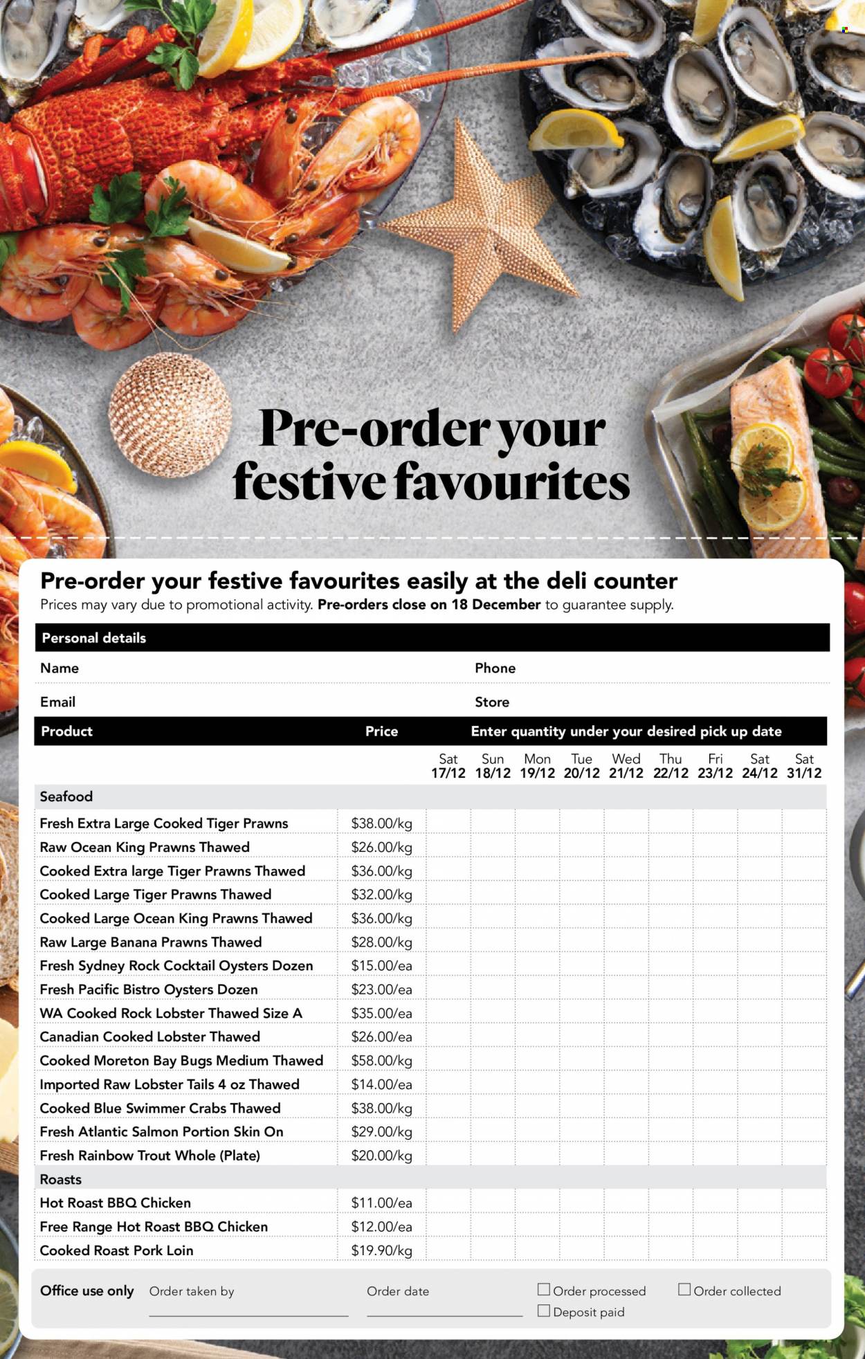 thumbnail - Drakes Catalogue - 7 Dec 2022 - 13 Dec 2022 - Sales products - lobster, lobster tail, salmon, trout, oysters, seafood, prawns, crab, pork loin, pork meat, plate. Page 14.