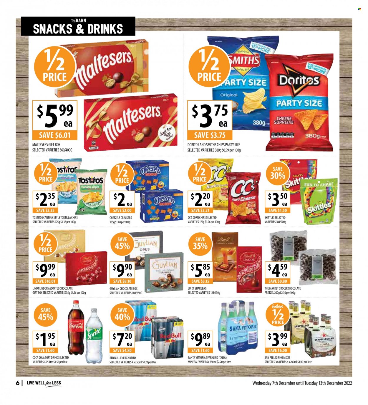 thumbnail - Supabarn Catalogue - 7 Dec 2022 - 13 Dec 2022 - Sales products - pretzels, chocolate, snack, Lindt, Lindor, crackers, Santa, Maltesers, Skittles, Doritos, tortilla chips, chips, corn chips, Tostitos, Coca-Cola, energy drink, soft drink, Red Bull, mineral water, San Pellegrino. Page 6.