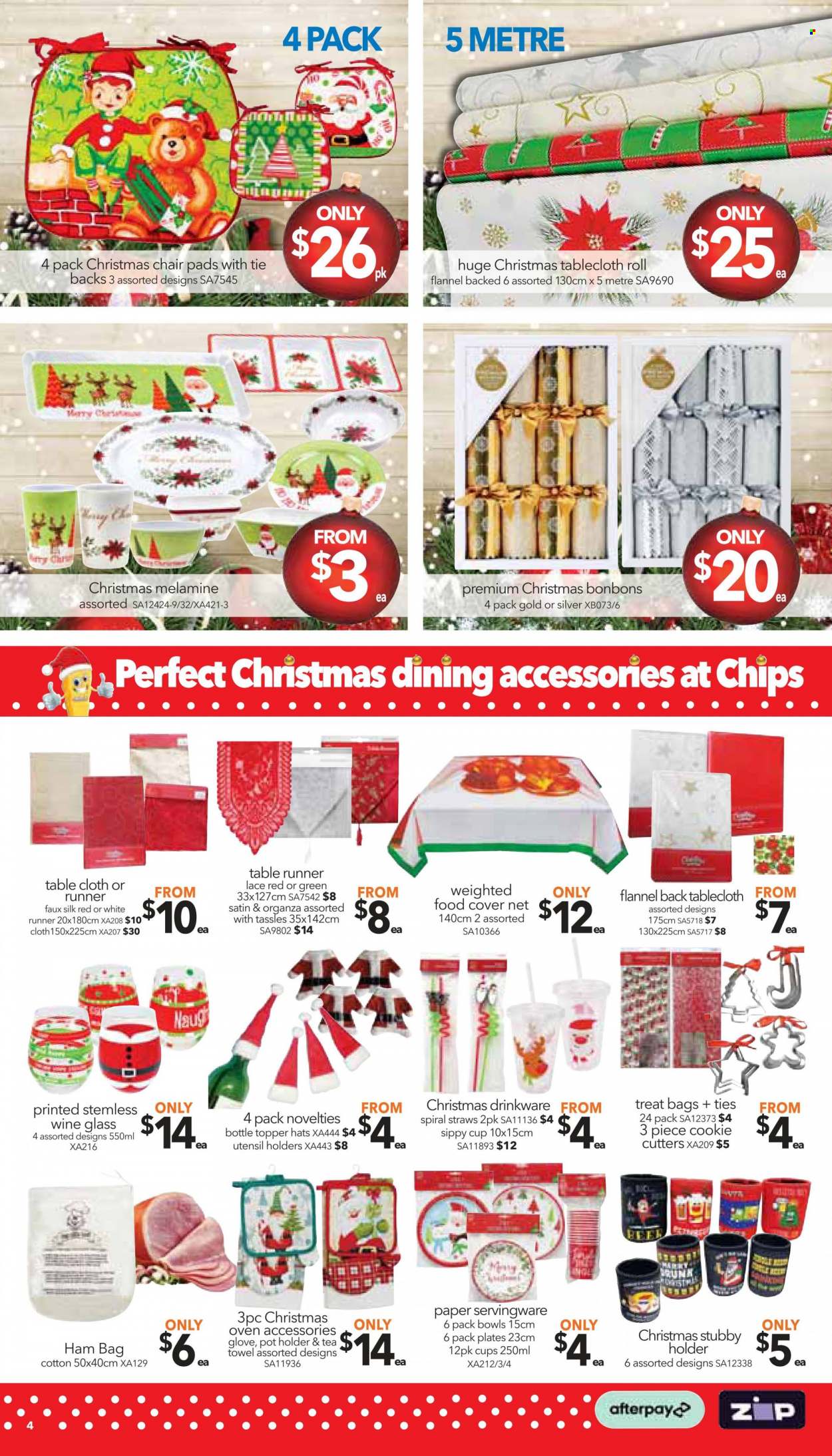 thumbnail - Cheap as Chips Catalogue - 7 Dec 2022 - 13 Dec 2022 - Sales products - chair, bag, holder, gloves, drinkware, wine glass, plate, pot, cup, straw, food cover, bottle topper, paper, chair pad, table runner, tablecloth, tea towels. Page 4.