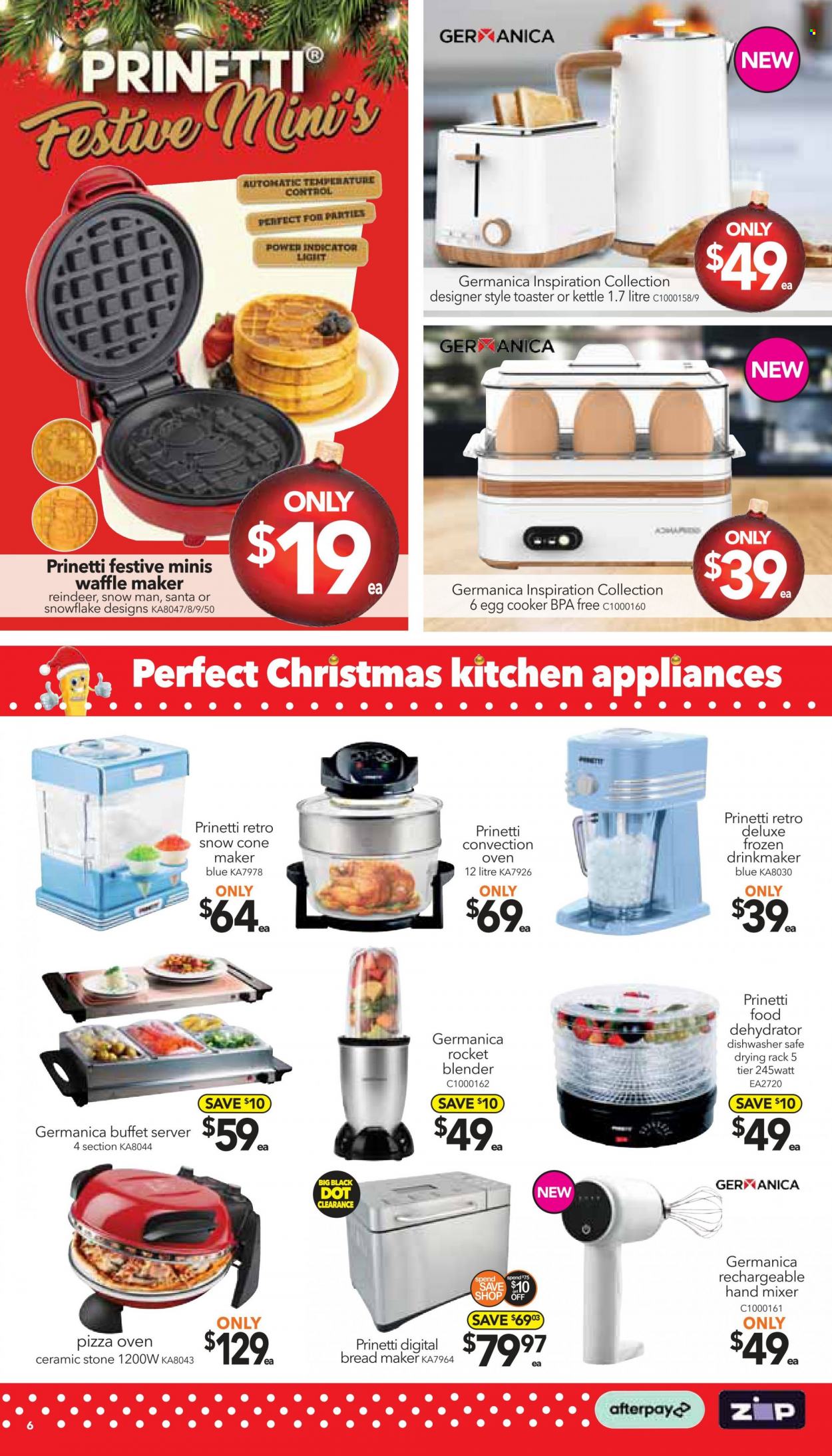 thumbnail - Cheap as Chips Catalogue - 7 Dec 2022 - 13 Dec 2022 - Sales products - reindeer, Santa, kettle, drying rack, Prinetti, blender, mixer, hand mixer, toaster, waffle maker, dehydrator, rocket. Page 6.