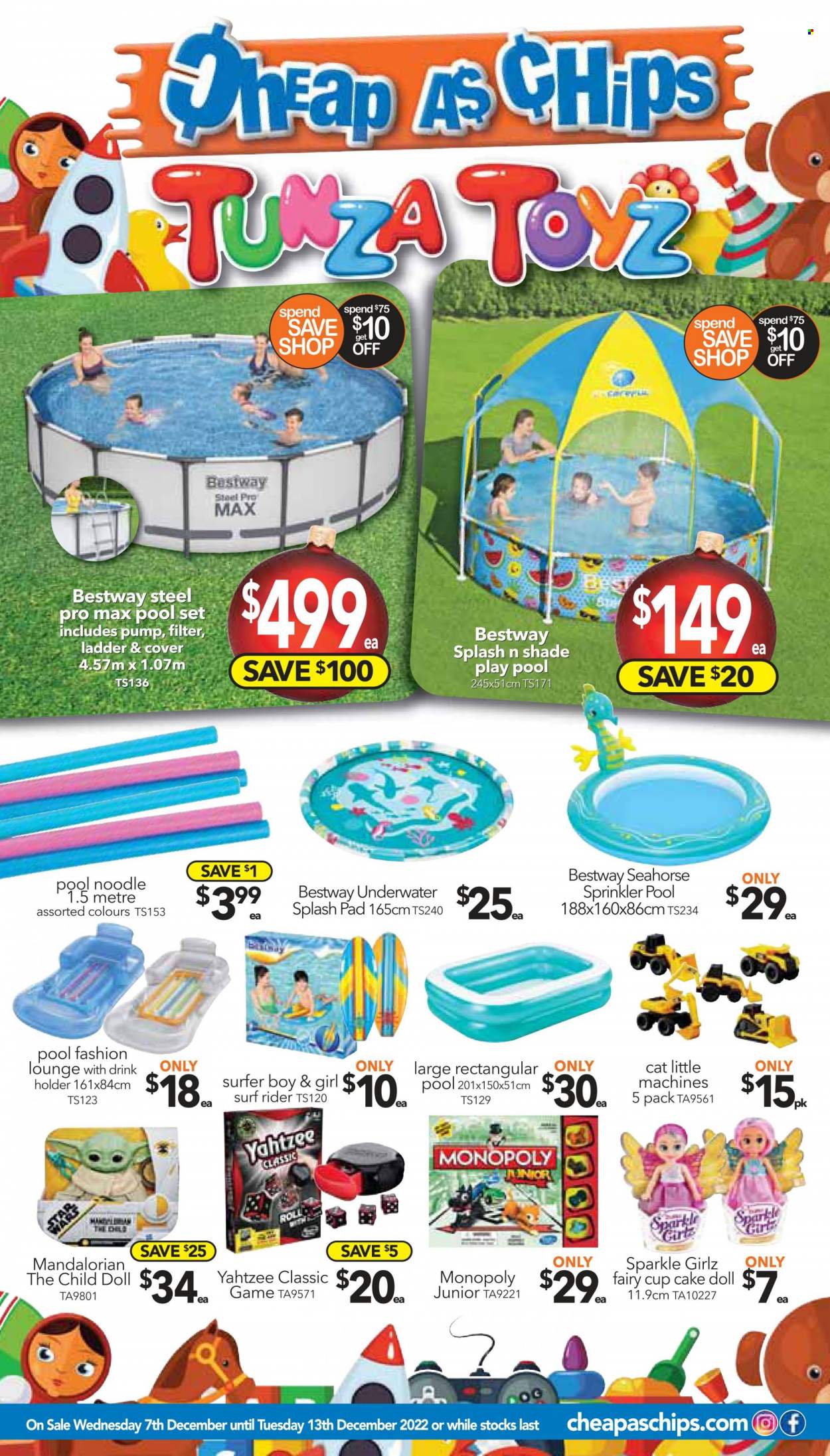 thumbnail - Cheap as Chips Catalogue - 7 Dec 2022 - 13 Dec 2022 - Sales products - lounge, chips, Fairy, Surf, holder, cup, doll, Monopoly, pool noodle, ladder, cart, pump, drink holder. Page 24.