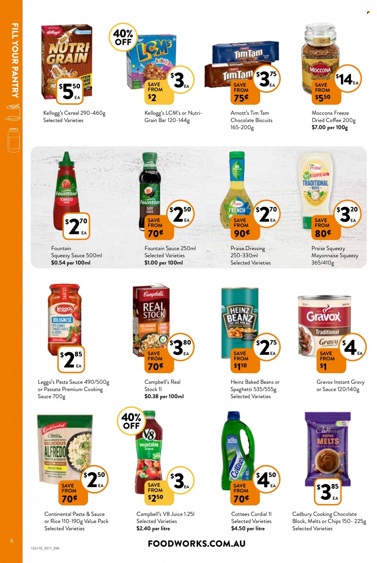 thumbnail - Foodworks Catalogue - 7 Dec 2022 - 13 Dec 2022 - Sales products - Campbell's, pasta sauce, Continental, chocolate, Tim Tam, Kellogg's, biscuit, Cadbury, chips, Heinz, baked beans, cereals, Nutri-Grain, rice, soy sauce, dressing, juice, coffee, Moccona. Page 6.