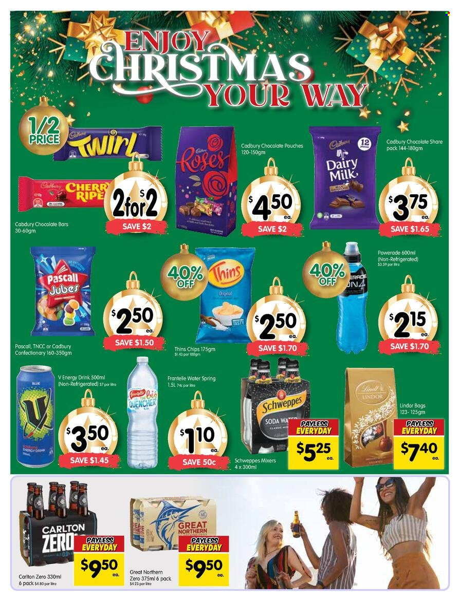 thumbnail - SPAR Catalogue - 7 Dec 2022 - 13 Dec 2022 - Sales products - Lindor, Cadbury, Dairy Milk, chocolate bar, chips, Thins, Schweppes, Powerade, energy drink, soda. Page 4.