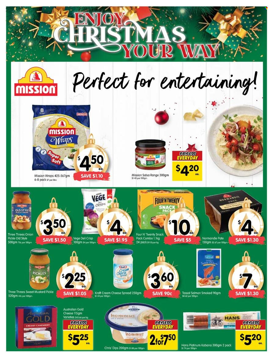 thumbnail - SPAR Catalogue - 7 Dec 2022 - 13 Dec 2022 - Sales products - wraps, onion, salmon, Kraft®, hummus, cheese spread, camembert, cream cheese, Australian Gold, pickles, mustard, salsa, Chris' Dips. Page 5.