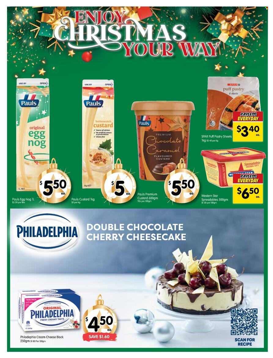thumbnail - SPAR Catalogue - 7 Dec 2022 - 13 Dec 2022 - Sales products - cheesecake, cherries, cream cheese, Philadelphia, cheese, Western Star, custard, eggs, puff pastry, butterscotch, chocolate, caramel. Page 8.