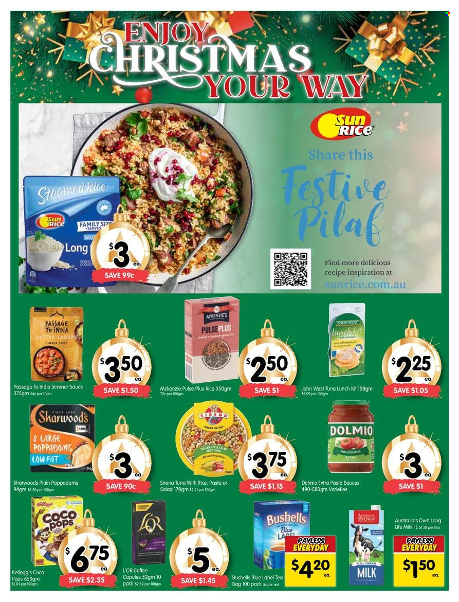 thumbnail - SPAR Catalogue - 7 Dec 2022 - 13 Dec 2022 - Sales products - tuna, pasta sauce, milk, long life milk, Kellogg's, Sirena Tuna, coco pops, tea bags, coffee, L'Or. Page 11.