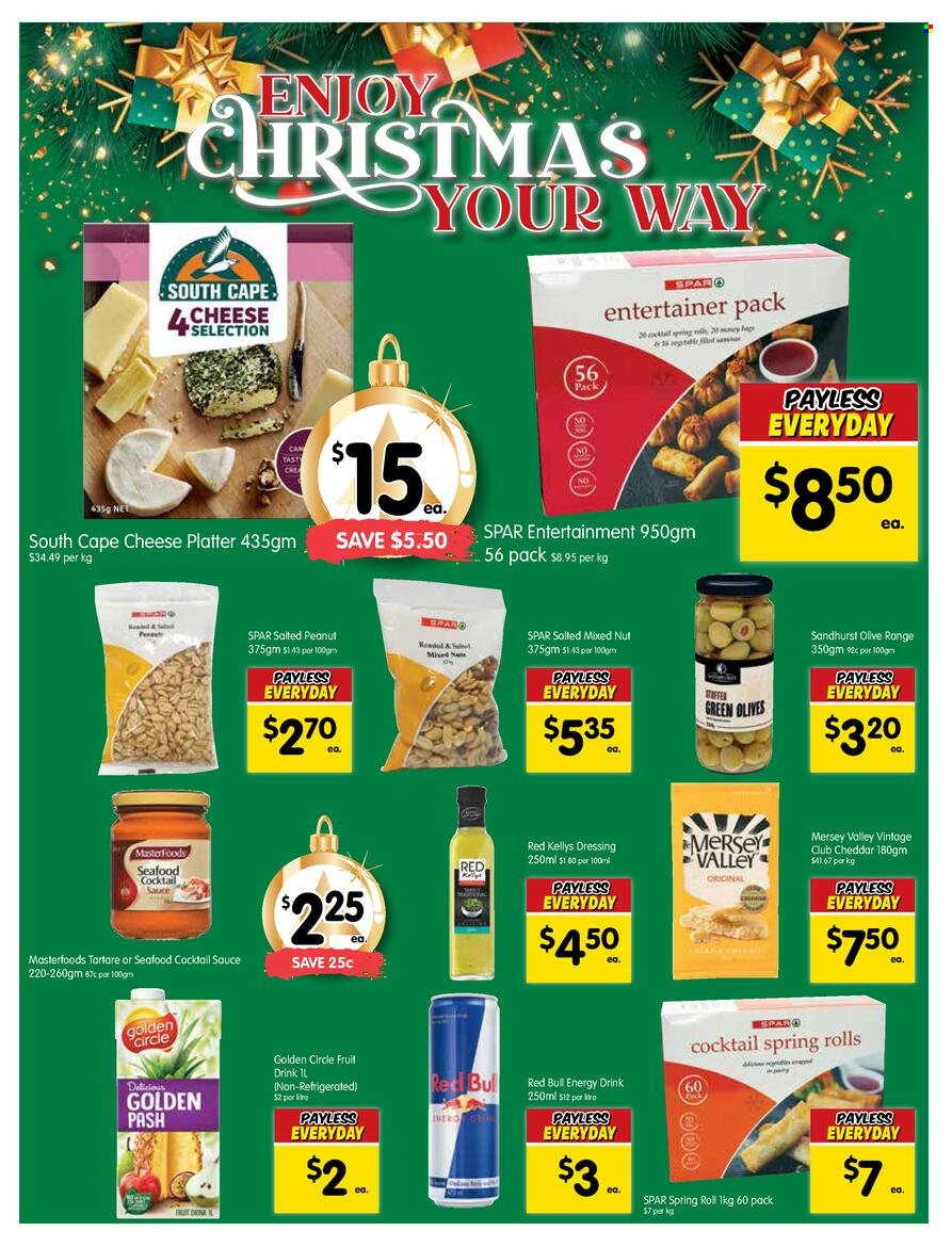 thumbnail - SPAR Catalogue - 7 Dec 2022 - 13 Dec 2022 - Sales products - seafood, sauce, spring rolls, cheddar, Mersey Valley, olives, cocktail sauce, dressing, energy drink, fruit drink, Red Bull. Page 12.
