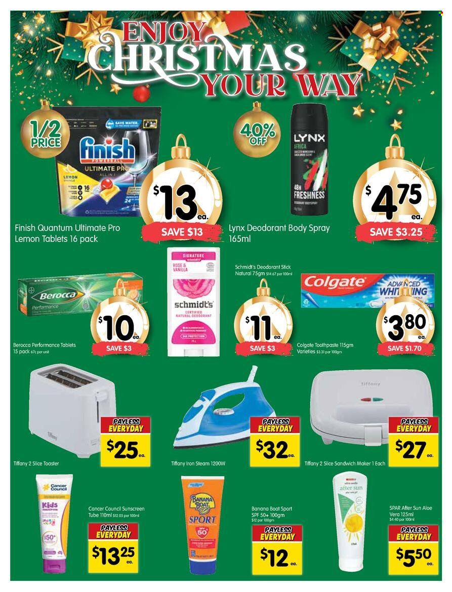 thumbnail - SPAR Catalogue - 7 Dec 2022 - 13 Dec 2022 - Sales products - whiting, wine, rosé wine, Finish Powerball, Finish Quantum Ultimate, Colgate, toothpaste, body spray, anti-perspirant, deodorant, boat, Berocca. Page 13.
