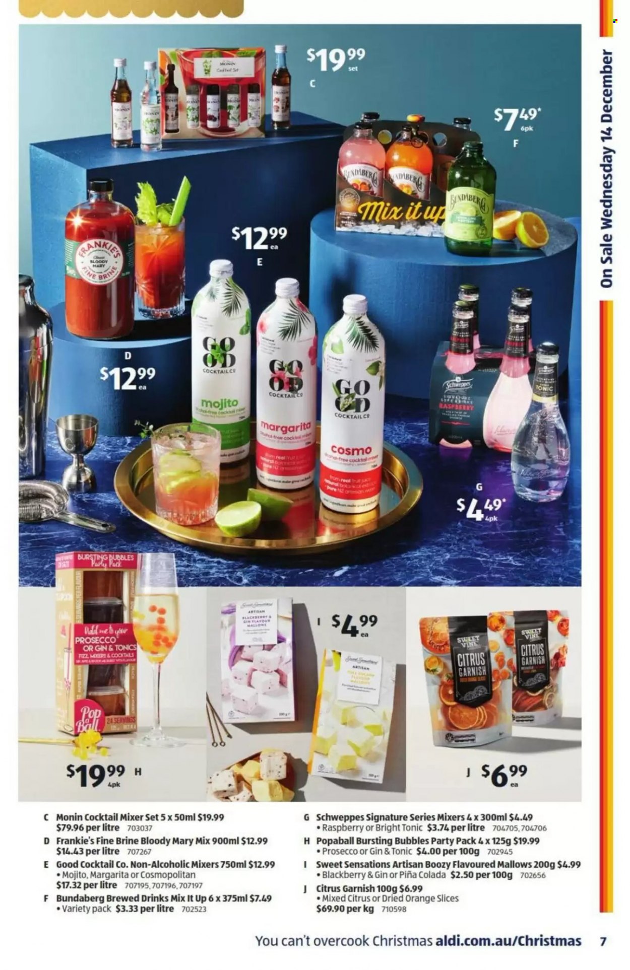 thumbnail - ALDI Catalogue - 14 Dec 2022 - 20 Dec 2022 - Sales products - oranges, marshmallows, Schweppes, Bundaberg, brewed drink, prosecco, gin & tonic, mixer. Page 7.