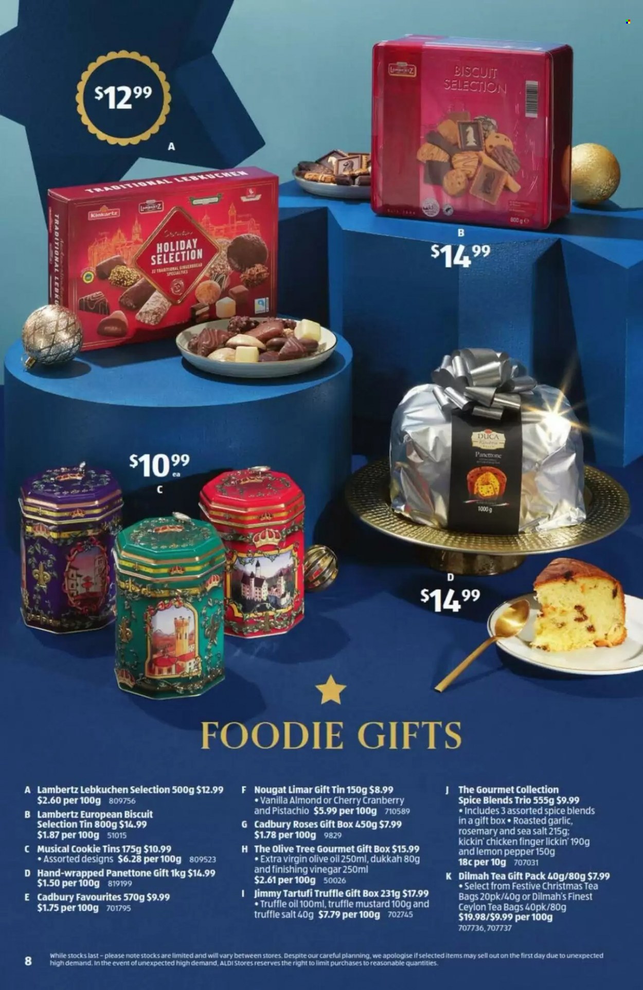 thumbnail - ALDI Catalogue - 14 Dec 2022 - 20 Dec 2022 - Sales products - panettone, nougat, biscuit, Cadbury, Cadbury Roses, sea salt, rosemary, spice, mustard, extra virgin olive oil, vinegar, olive oil, oil, tea bags, gift box. Page 8.
