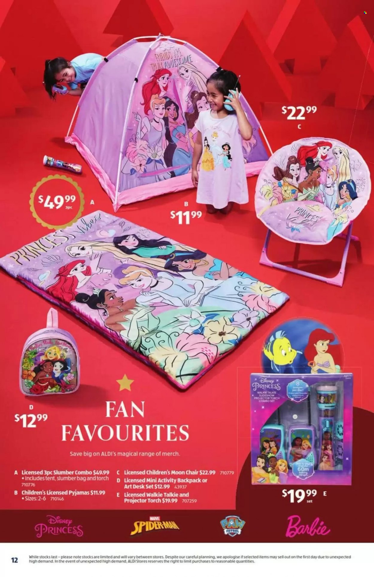 thumbnail - ALDI Catalogue - 14 Dec 2022 - 20 Dec 2022 - Sales products - Disney, Barbie, pajamas, princess, tent, torch, chair. Page 12.