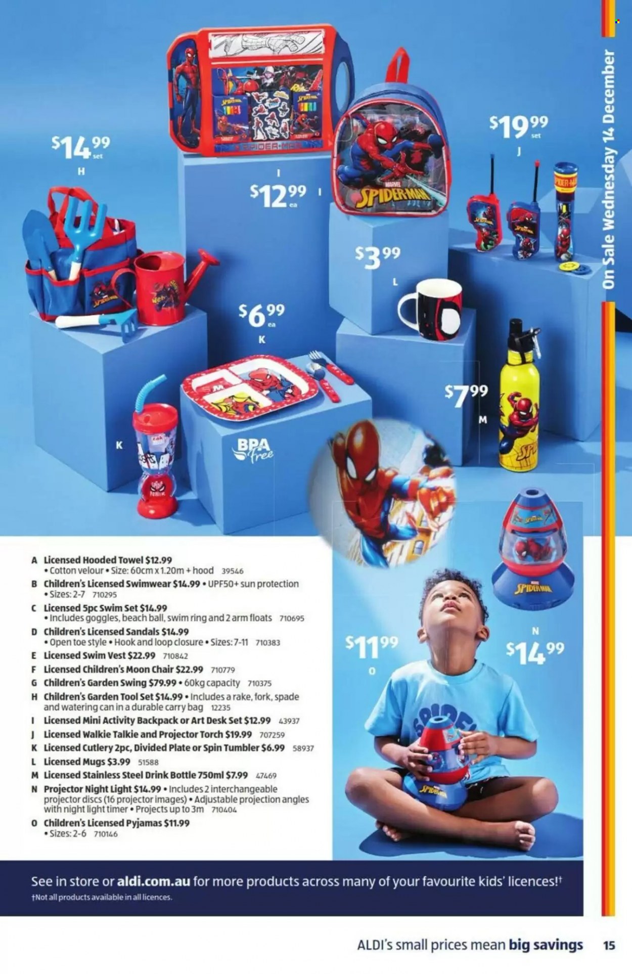 thumbnail - ALDI Catalogue - 14 Dec 2022 - 20 Dec 2022 - Sales products - sandals, fork, tumbler, plate, drink bottle, towel, vest, carry bag, pajamas, swimming suit, beach ball, gardening tools, tool set, spade, watering can, torch, chair. Page 15.
