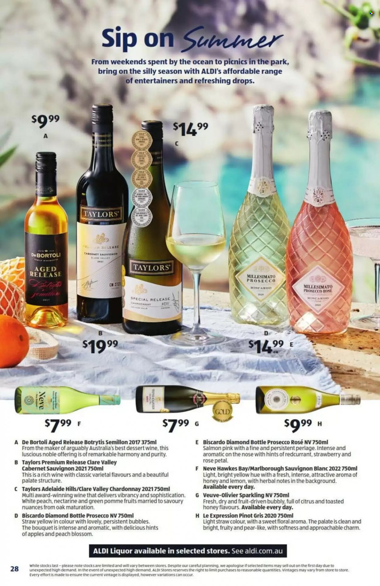 thumbnail - ALDI Catalogue - 14 Dec 2022 - 20 Dec 2022 - Sales products - nectarines, pears, Blossom, honey, Cabernet Sauvignon, dessert wine, white wine, prosecco, Chardonnay, Pinot Grigio, Sauvignon Blanc, rosé wine, liquor, Purity, straw, Hill's, bouquet. Page 28.