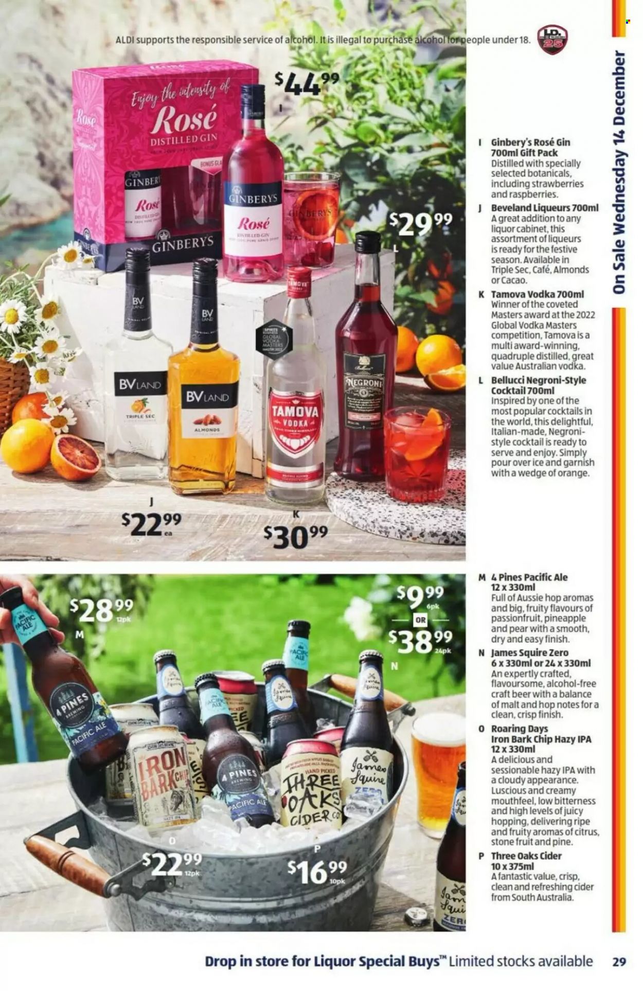 thumbnail - ALDI Catalogue - 14 Dec 2022 - 20 Dec 2022 - Sales products - strawberries, pineapple, pears, oranges, malt, almonds, wine, rosé wine, gin, Triple Sec, vodka, liquor, cider, beer, IPA, pacific ale, Aussie, iron, cabinet, gun. Page 29.