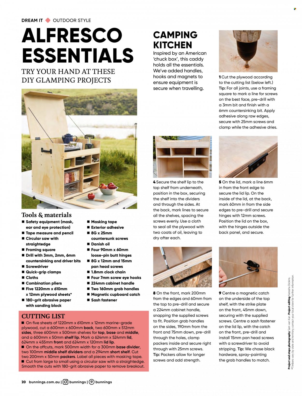 thumbnail - Bunnings Warehouse Catalogue - Sales products - cabinet, plate, pan, pin, paper, pencil, masking tape, drill, screwdriver, circular saw, saw, pliers, measuring tape. Page 20.