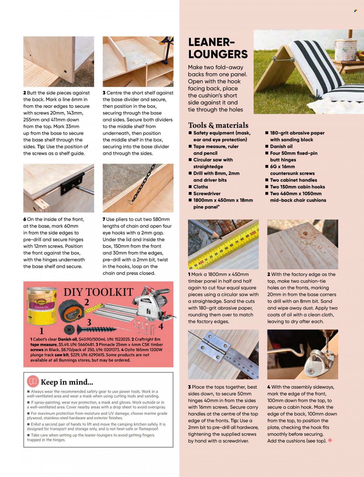 thumbnail - Bunnings Warehouse Catalogue - Sales products - cabinet, chair, shelves, cushion, lid, pin, paper, pencil, ruler, chair pad, plastic drop sheet, hook, screwdriver, circular saw, saw, pliers, measuring tape. Page 21.