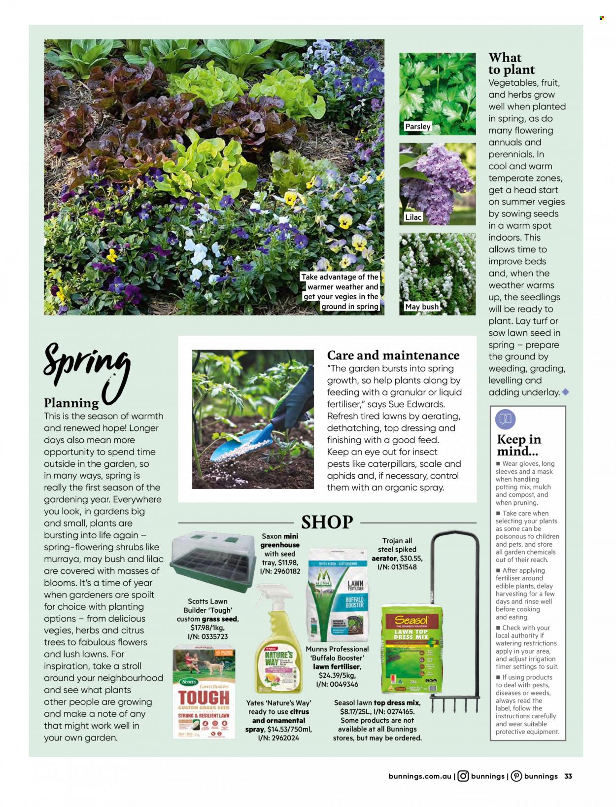 thumbnail - Bunnings Warehouse Catalogue - Sales products - bed, scale, tray, timer, greenhouse, herbs, Yates, potting mix, grass seed, garden mulch, compost. Page 33.