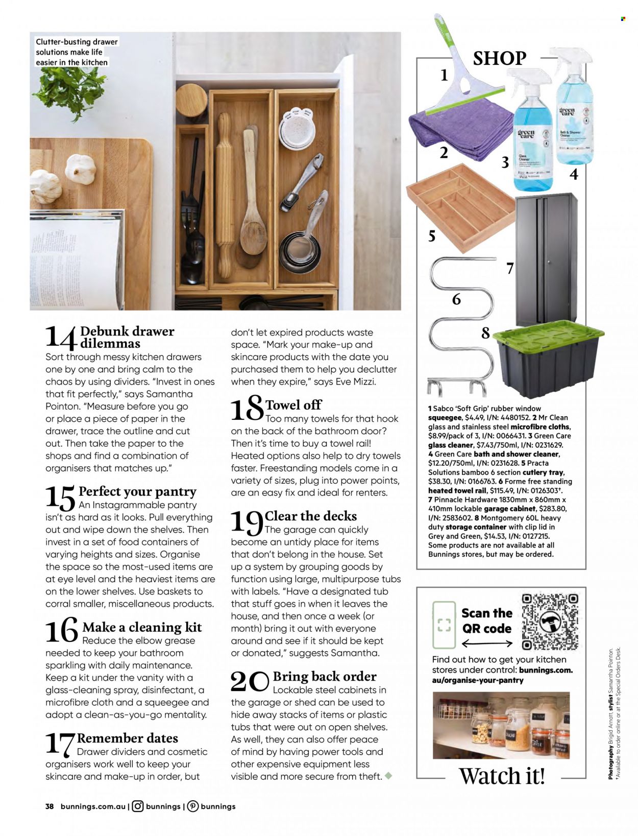 thumbnail - Bunnings Warehouse Catalogue - Sales products - cabinet, storage box, vanity, desk, container, lid, plastic tub, paper, eraser, shed, basket. Page 38.