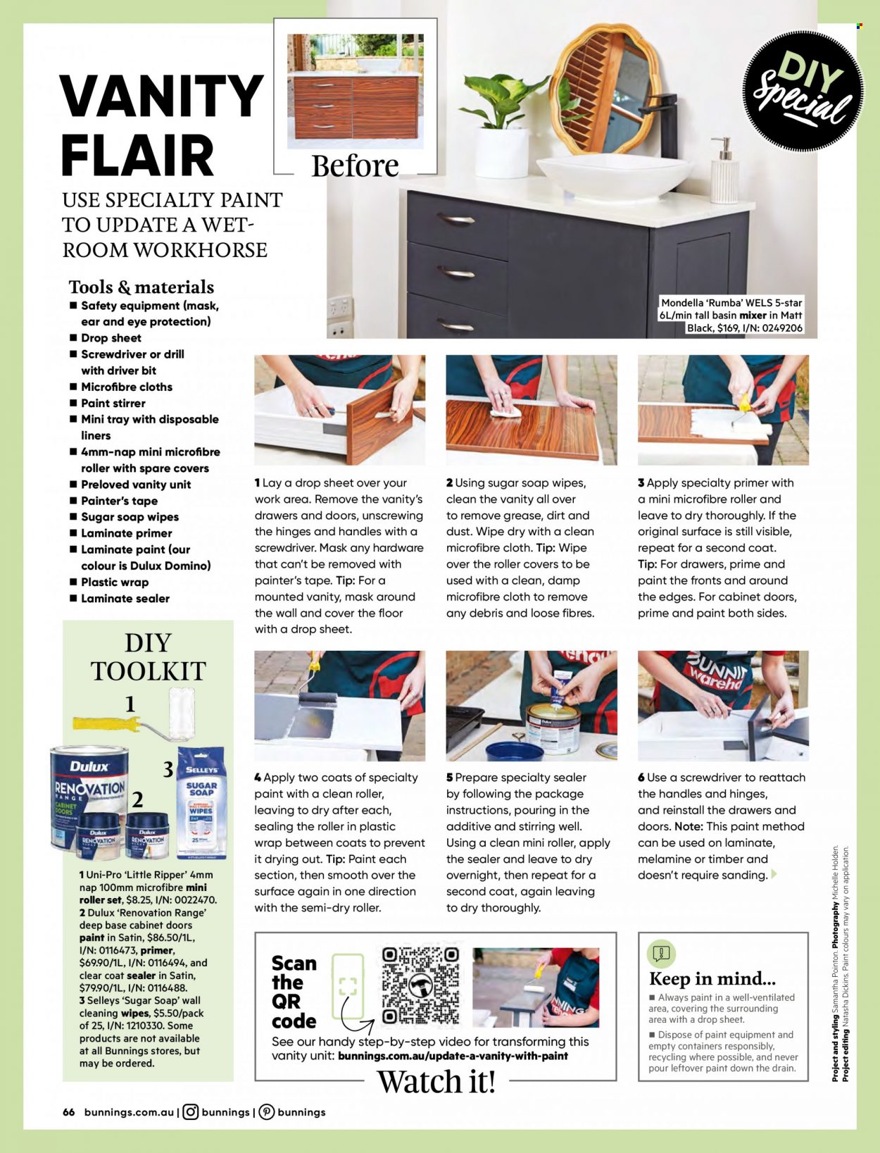 thumbnail - Bunnings Warehouse Catalogue - Sales products - basin mixer, cabinet, vanity, roller, plastic drop sheet, roller cover, paint, Dulux, screwdriver. Page 66.