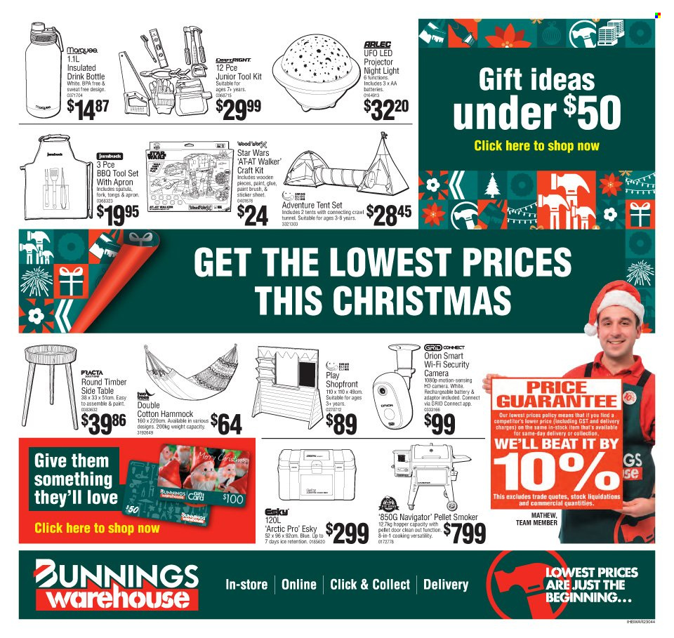 thumbnail - Bunnings Warehouse Catalogue - 7 Dec 2022 - 24 Dec 2022 - Sales products - table, sidetable, fork, spatula, drink bottle, paint brush, sticker, glue, craft supplies, rechargeable battery, aa batteries, gps navigation, projector, tong, tool set, smoker, hammock. Page 1.