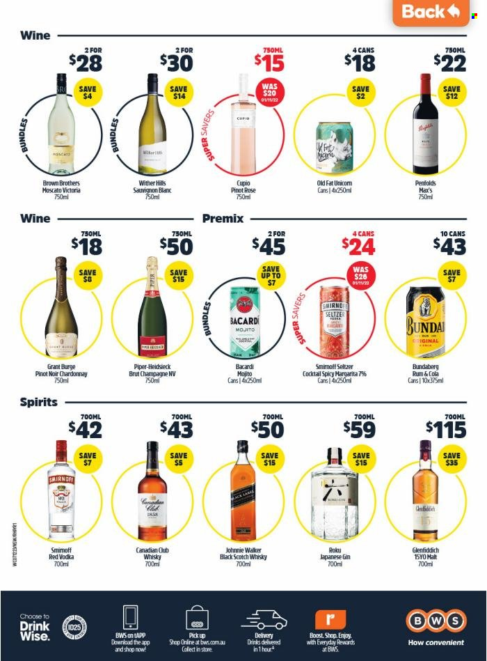 thumbnail - BWS Catalogue - 7 Dec 2022 - 13 Dec 2022 - Sales products - red wine, white wine, champagne, Chardonnay, wine, Pinot Noir, Wither Hills, Moscato, Sauvignon Blanc, rosé wine, Bacardi, gin, rum, Smirnoff, vodka, Johnnie Walker, Bundaberg, BROTHERS, Glenfiddich, japanese gin, Hard Seltzer, scotch whisky, whisky. Page 2.