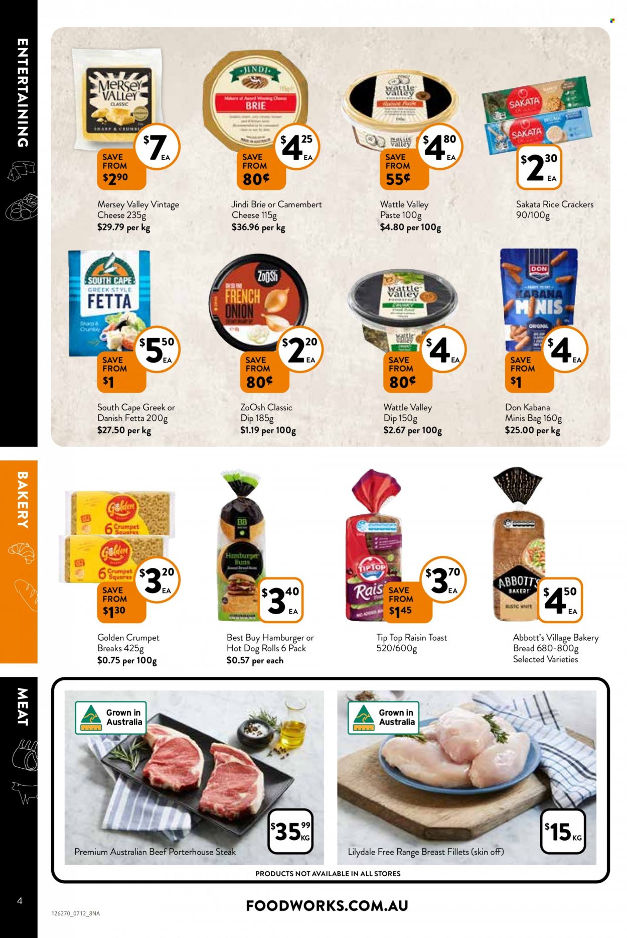 thumbnail - Foodworks Catalogue - 7 Dec 2022 - 13 Dec 2022 - Sales products - bread, hot dog rolls, Tip Top, buns, burger buns, Golden Crumpet, onion, camembert, cheese, brie, Mersey Valley, dip, crackers, Sakata, rice crackers, ZoOsh, steak, Sharp. Page 4.