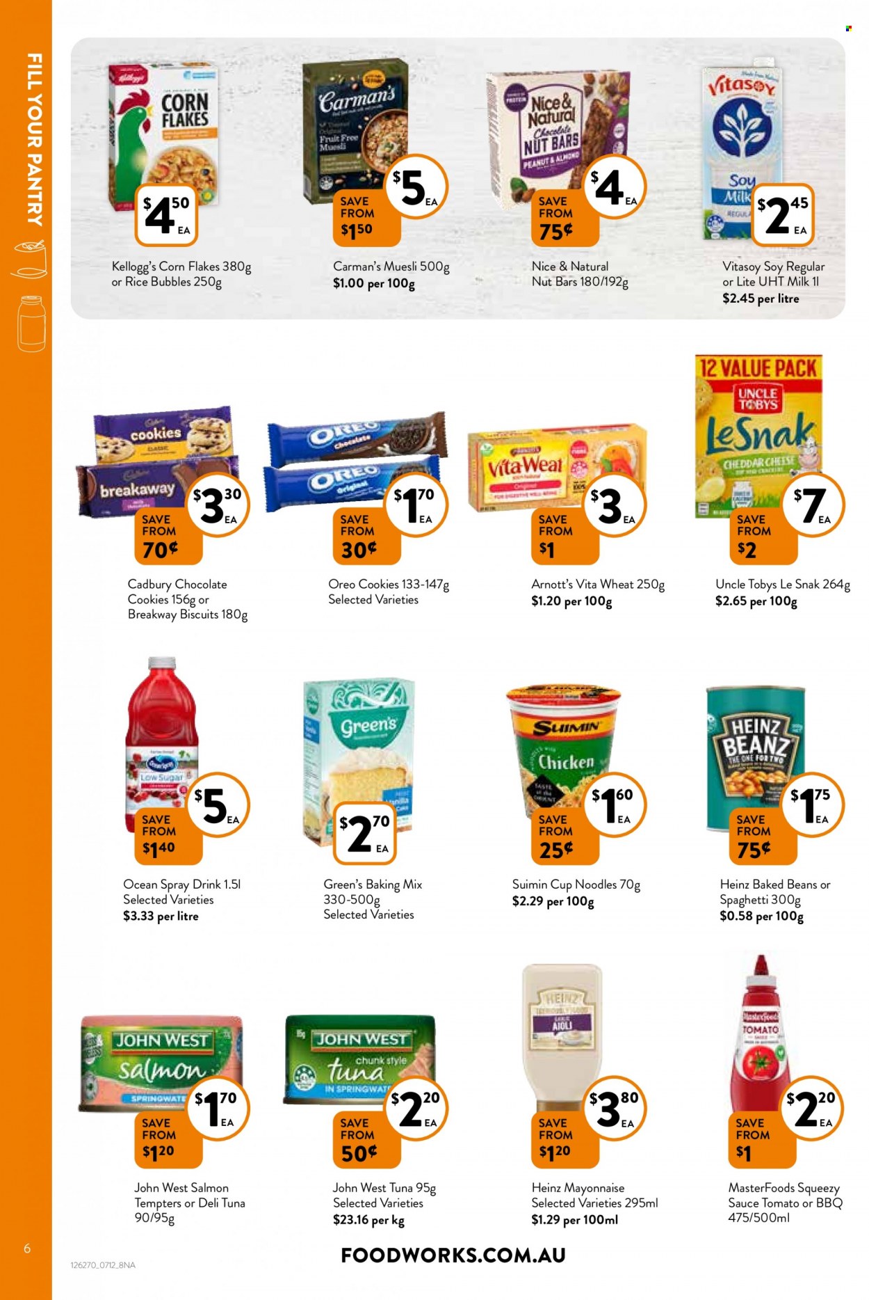 thumbnail - Foodworks Catalogue - 7 Dec 2022 - 13 Dec 2022 - Sales products - beans, salmon, tuna, sauce, noodles cup, noodles, cheddar, cheese, Oreo, soy milk, Vitasoy, mayonnaise, cookies, chocolate, chocolate cookies, Kellogg's, biscuit, Cadbury, Le Snak, baking mix, Heinz, baked beans, corn flakes, nut bar, muesli. Page 6.