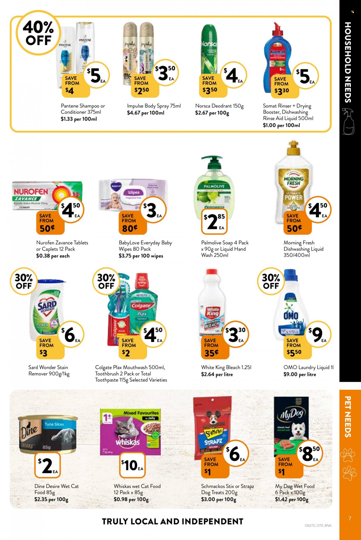 thumbnail - Foodworks Catalogue - 7 Dec 2022 - 13 Dec 2022 - Sales products - TRULY, wipes, baby wipes, BabyLove, bleach, stain remover, Omo, laundry detergent, dishwashing liquid, shampoo, hand wash, Palmolive, soap, Colgate, toothbrush, toothpaste, mouthwash, Plax, conditioner, Pantene, body spray, animal food, animal treats, cat food, wet dog food, Whiskas, Strapz, Schmackos, wet cat food, Nurofen. Page 7.