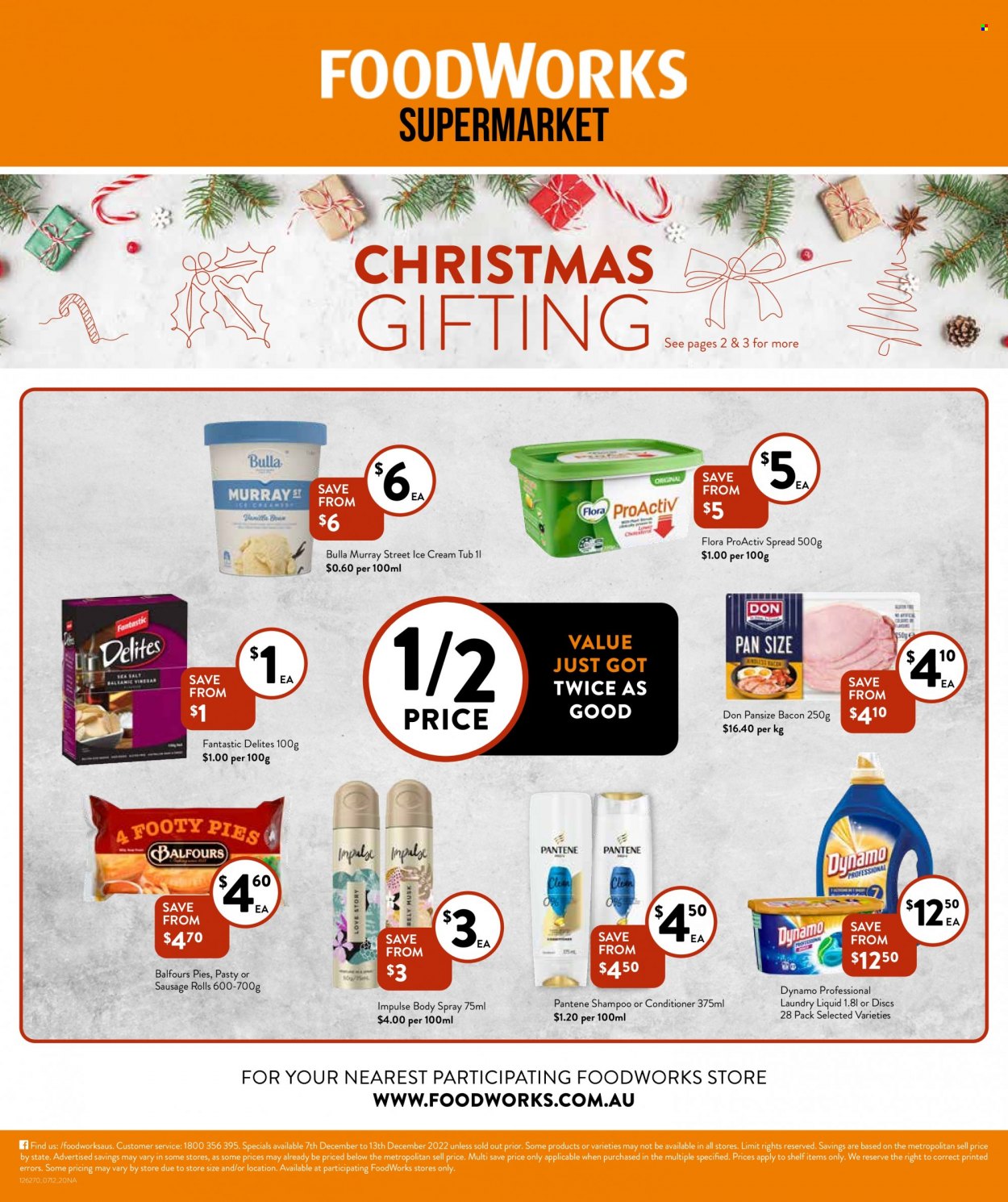 thumbnail - Foodworks Catalogue - 7 Dec 2022 - 13 Dec 2022 - Sales products - sausage rolls, bacon, sausage, Flora, ice cream, laundry detergent, shampoo, conditioner, Pantene, body spray, pan. Page 20.