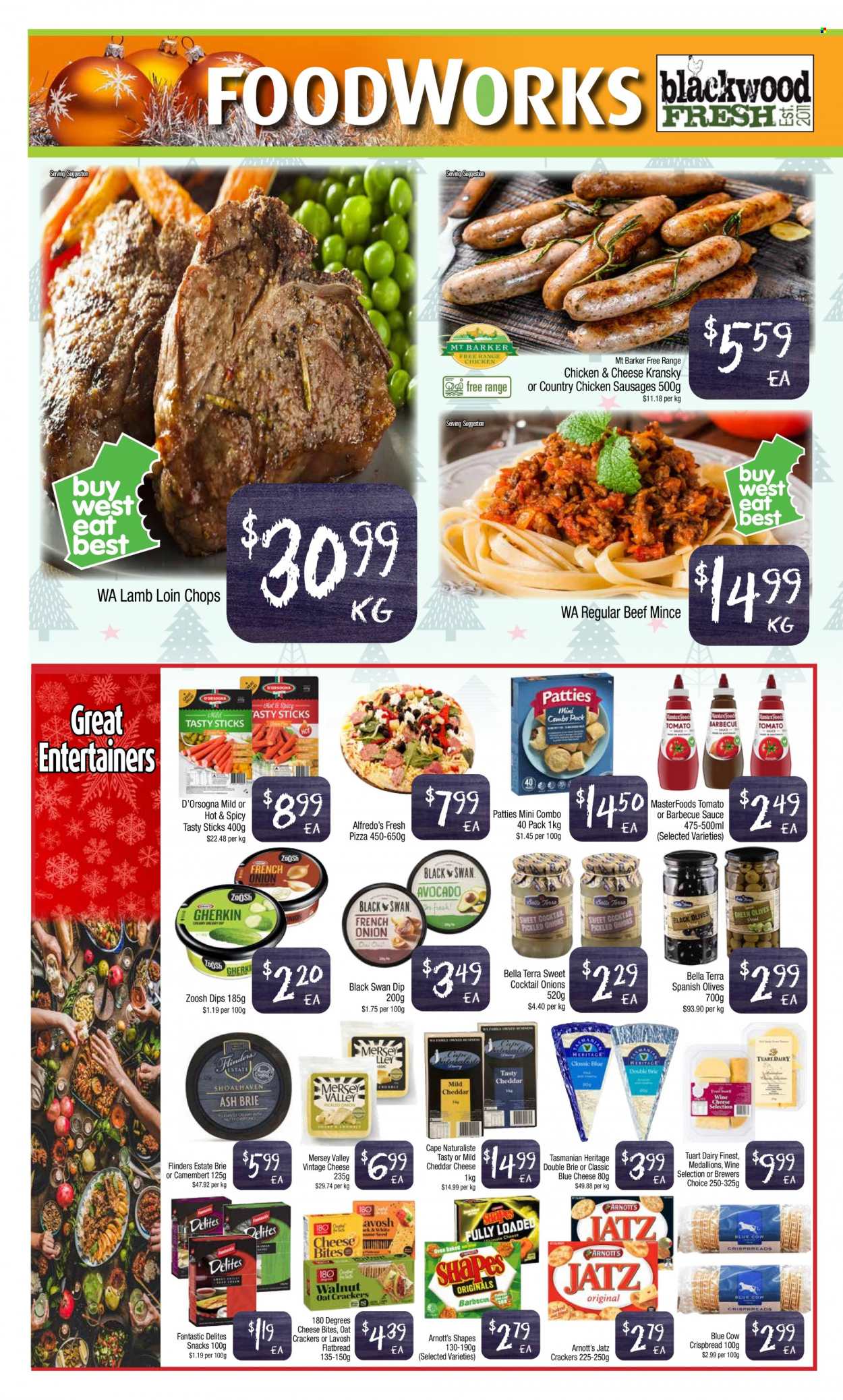 thumbnail - Foodworks Catalogue - 7 Dec 2022 - 13 Dec 2022 - Sales products - flatbread, crispbread, Bella, onion, avocado, sauce, sausage, Kransky, blue cheese, camembert, mild cheddar, cheddar, brie, Mersey Valley, Tasmanian Heritage, dip, snack, crackers, oats, brewer, olives, BBQ sauce, ZoOsh, beef meat, ground beef, lamb loin, lamb meat. Page 2.