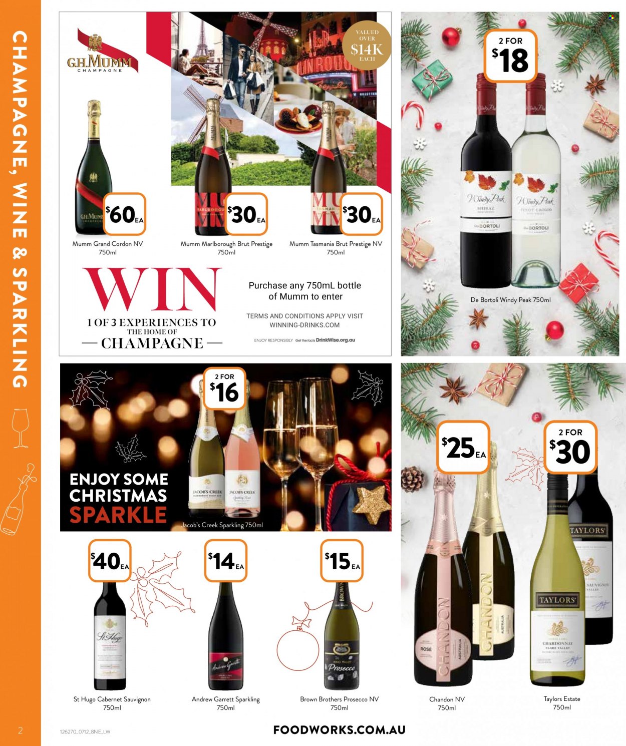 thumbnail - Foodworks Catalogue - 7 Dec 2022 - 20 Dec 2022 - Sales products - Jacobs, Cabernet Sauvignon, red wine, white wine, champagne, prosecco, Chardonnay, wine, Mumm Marlborough, Jacob's Creek, rosé wine, BROTHERS, Mum. Page 2.