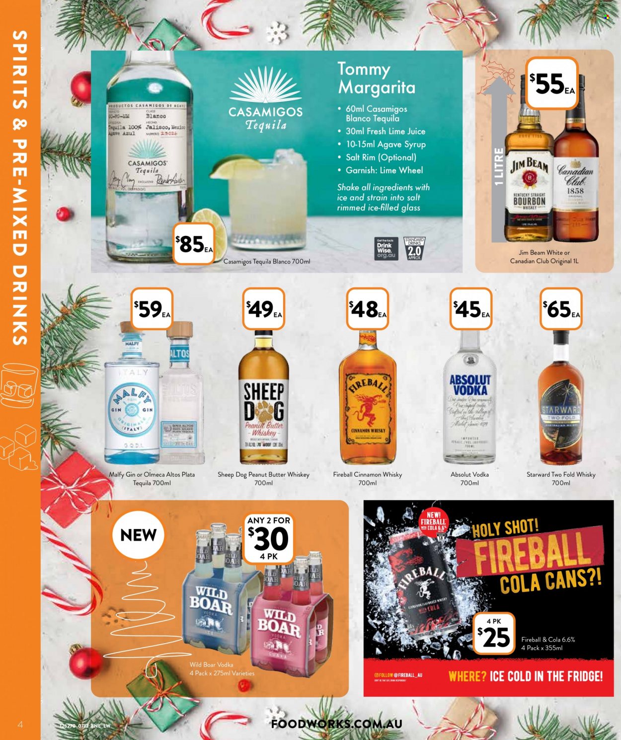 thumbnail - Foodworks Catalogue - 7 Dec 2022 - 20 Dec 2022 - Sales products - wild boar, boar meat, guava, cod, shake, Flora, peanut butter, syrup, bourbon, gin, tequila, vodka, whiskey, Absolut, Olmeca, Jim Beam, cinnamon whisky, whisky, Joy. Page 4.