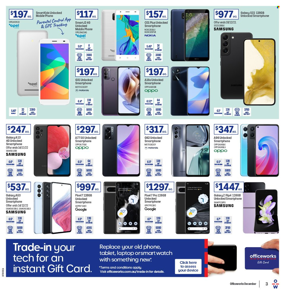 thumbnail - Officeworks Catalogue - 8 Dec 2022 - 22 Dec 2022 - Sales products - tablet, Motorola, Samsung, Nokia, Oppo, phone, cell phone, smartphone, laptop, camera. Page 3.