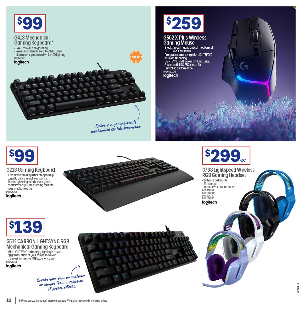 thumbnail - Officeworks Catalogue - 8 Dec 2022 - 22 Dec 2022 - Sales products - gaming keyboard, gaming mouse, gaming headset, keyboard, Logitech, mouse, headset. Page 10.