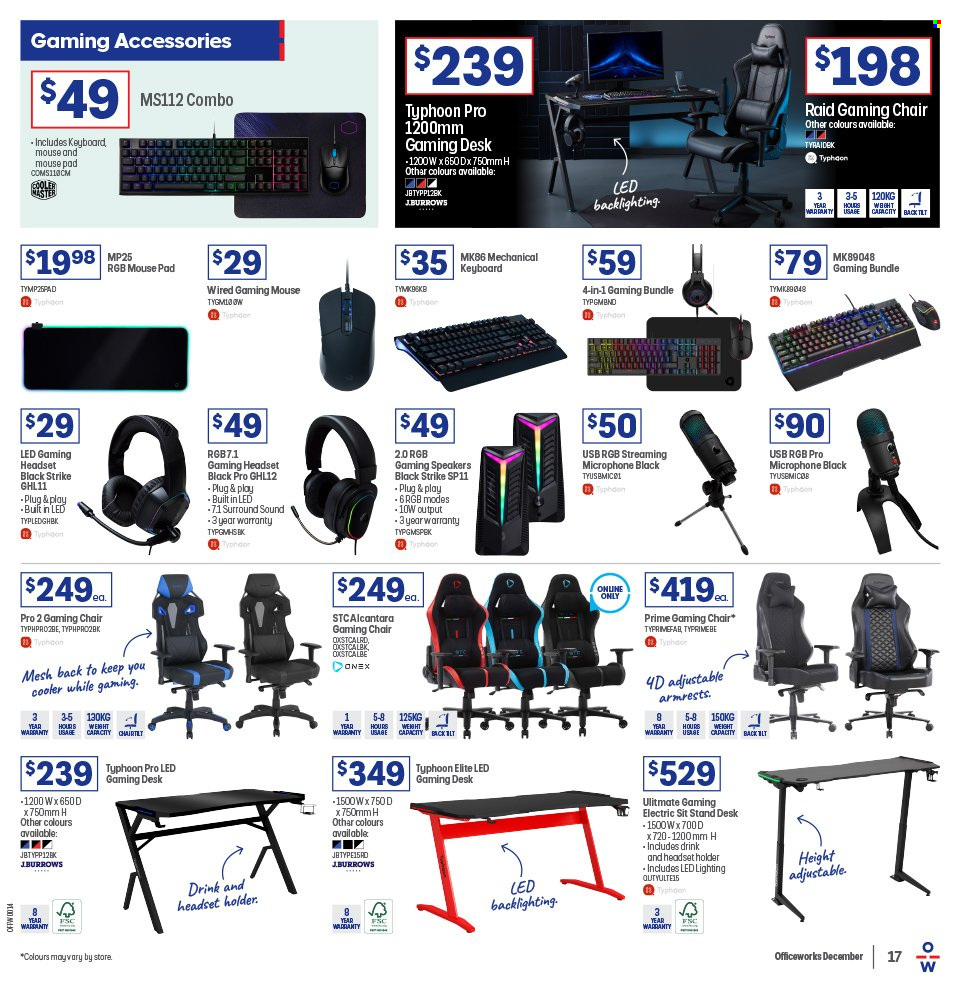 thumbnail - Officeworks Catalogue - 8 Dec 2022 - 22 Dec 2022 - Sales products - gaming mouse, gaming headset, gaming desk, holder, keyboard, mouse, mouse pad, speaker, microphone, headset, desk, chair. Page 17.
