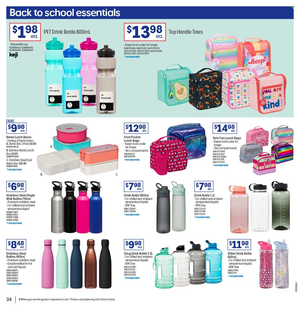 thumbnail - Officeworks Catalogue - 8 Dec 2022 - 22 Dec 2022 - Sales products - drink bottle, cup, meal box, glitter, bag. Page 24.