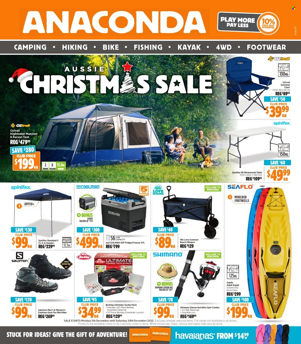 thumbnail - Anaconda Catalogue - 5 Dec 2022 - 24 Dec 2022 - Sales products - Salomon, straw, freezer, refrigerator, fridge, table, chair, hat, straw hat, Shimano, kayak, tent, gazebo. Page 1.