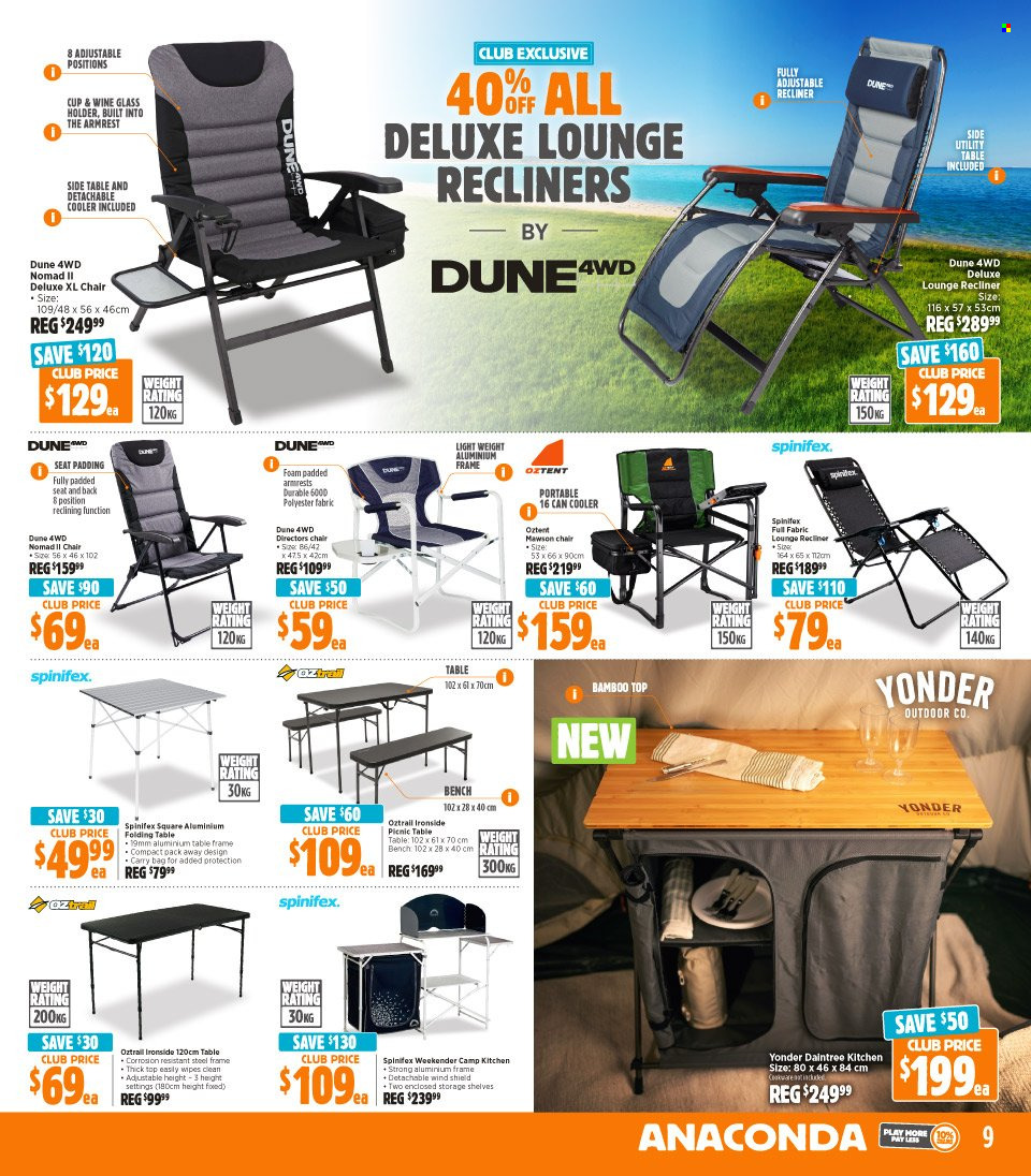 thumbnail - Anaconda Catalogue - 5 Dec 2022 - 24 Dec 2022 - Sales products - cookware set, wine glass, cup, table, chair, bench, recliner chair, lounge, sidetable, folding table, picnic table, carry bag, weights set. Page 9.