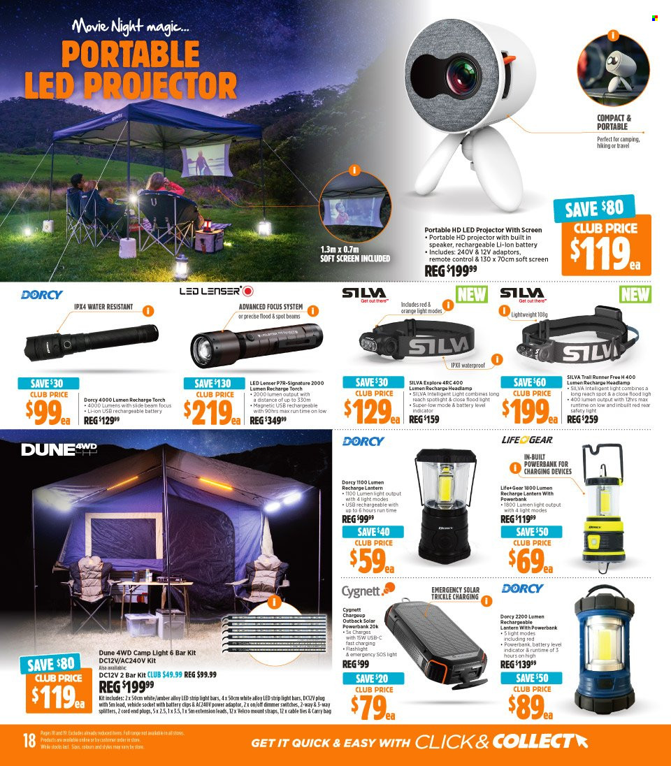 thumbnail - Anaconda Catalogue - 5 Dec 2022 - 24 Dec 2022 - Sales products - spotlight, rechargeable battery, projector, speaker, remote control, adapter, carry bag, flashlight, torch, headlamp, lantern, LED strip, floodlight. Page 18.