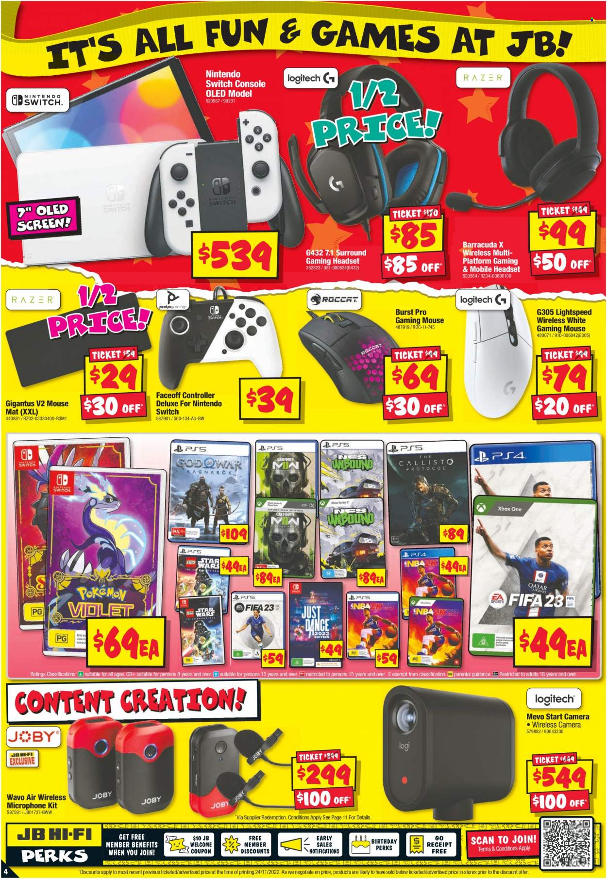thumbnail - JB Hi-Fi Catalogue - 8 Dec 2022 - 12 Dec 2022 - Sales products - gaming mouse, gaming headset, Nintendo Switch, mouse, camera, microphone, headset. Page 4.