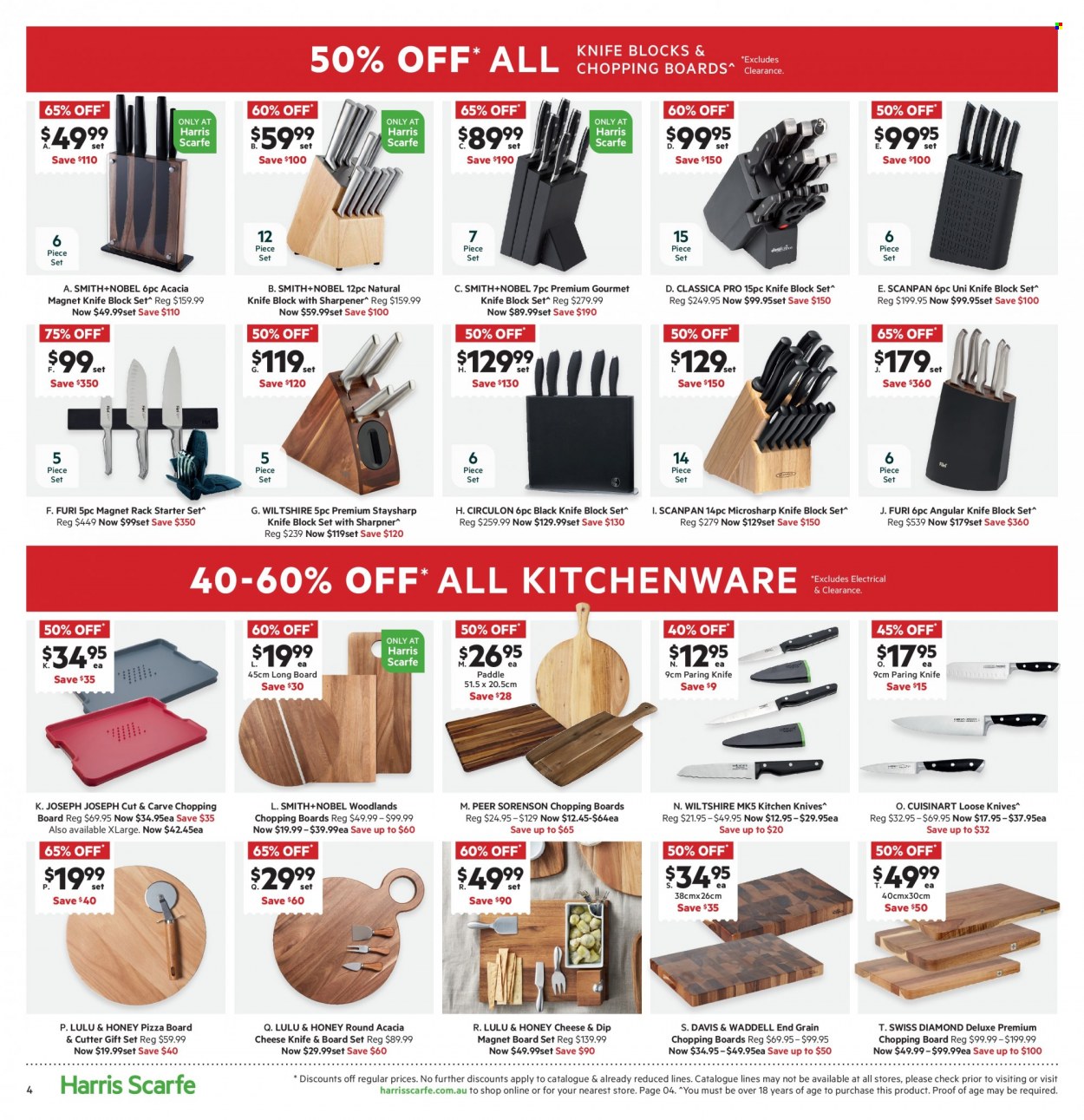 thumbnail - Harris Scarfe Catalogue - Sales products - knife, sharpener, chopping board, knife block, Cuisinart, Smith+Nobel, magnetic board, cutter. Page 4.